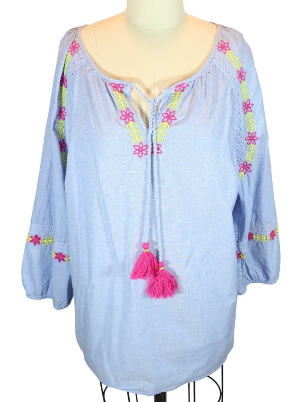 TALBOTS Colorful Embroidered Tassel Tunic Top Size L Resortweat Boho Vacation